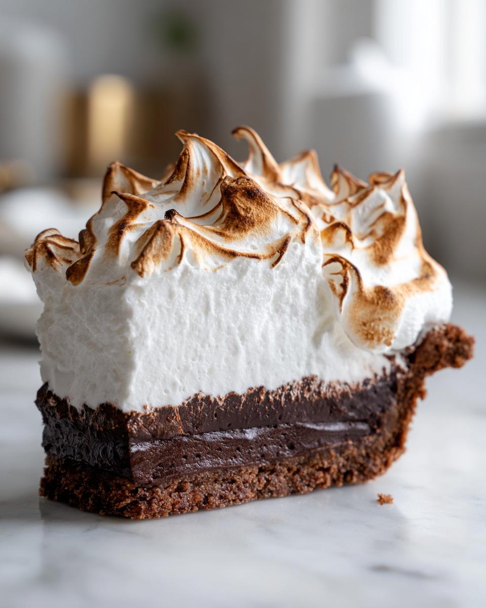 A thick slice of chocolate meringue pie showing layers of crust, dark chocolate filling, and tall, toasted meringue.