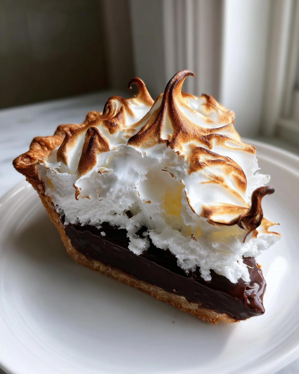 A perfect slice of chocolate meringue pie showing a dark chocolate filling and tall, torched meringue peaks.