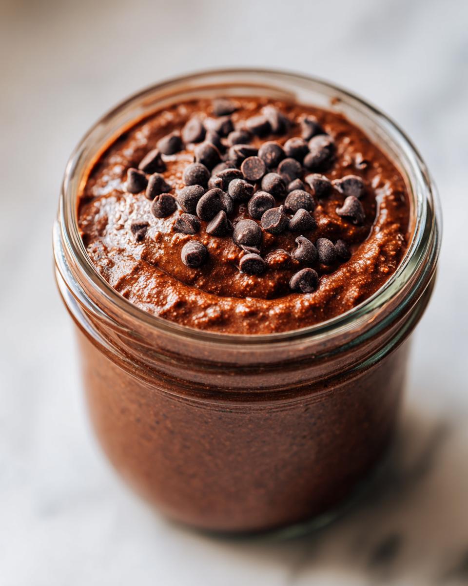 Close-up of thick chocolate overnight oats in a glass jar, topped generously with mini chocolate chips.