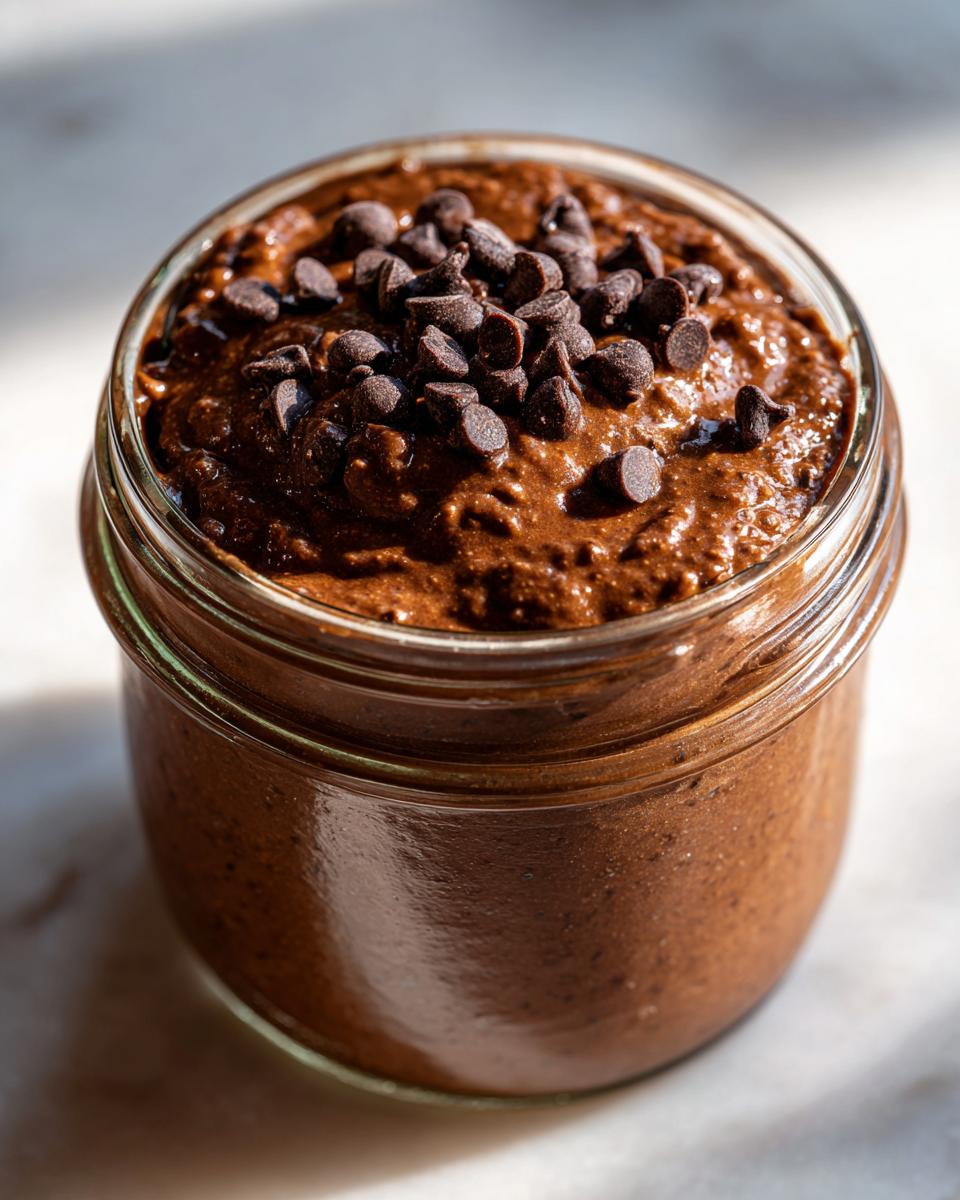Close-up of rich chocolate overnight oats in a glass jar, topped generously with mini chocolate chips.