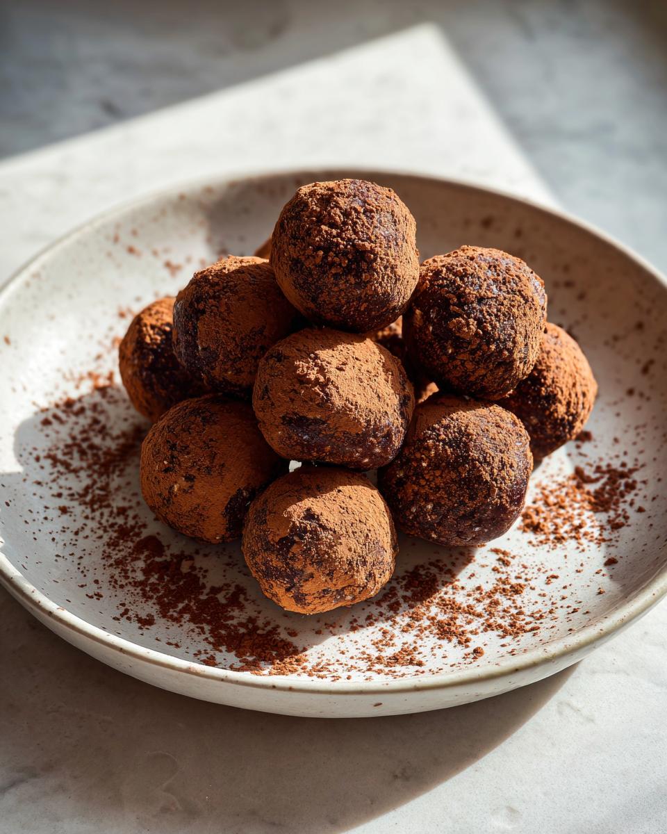 A stack of homemade chocolate protein balls heavily dusted with cocoa powder, resting on a speckled white plate.