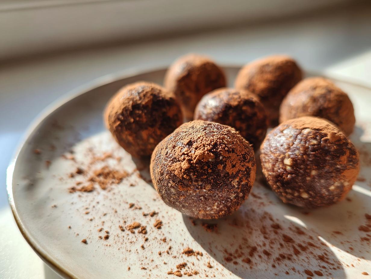 A plate of homemade chocolate protein balls heavily dusted with cocoa powder, ready for a quick snack.