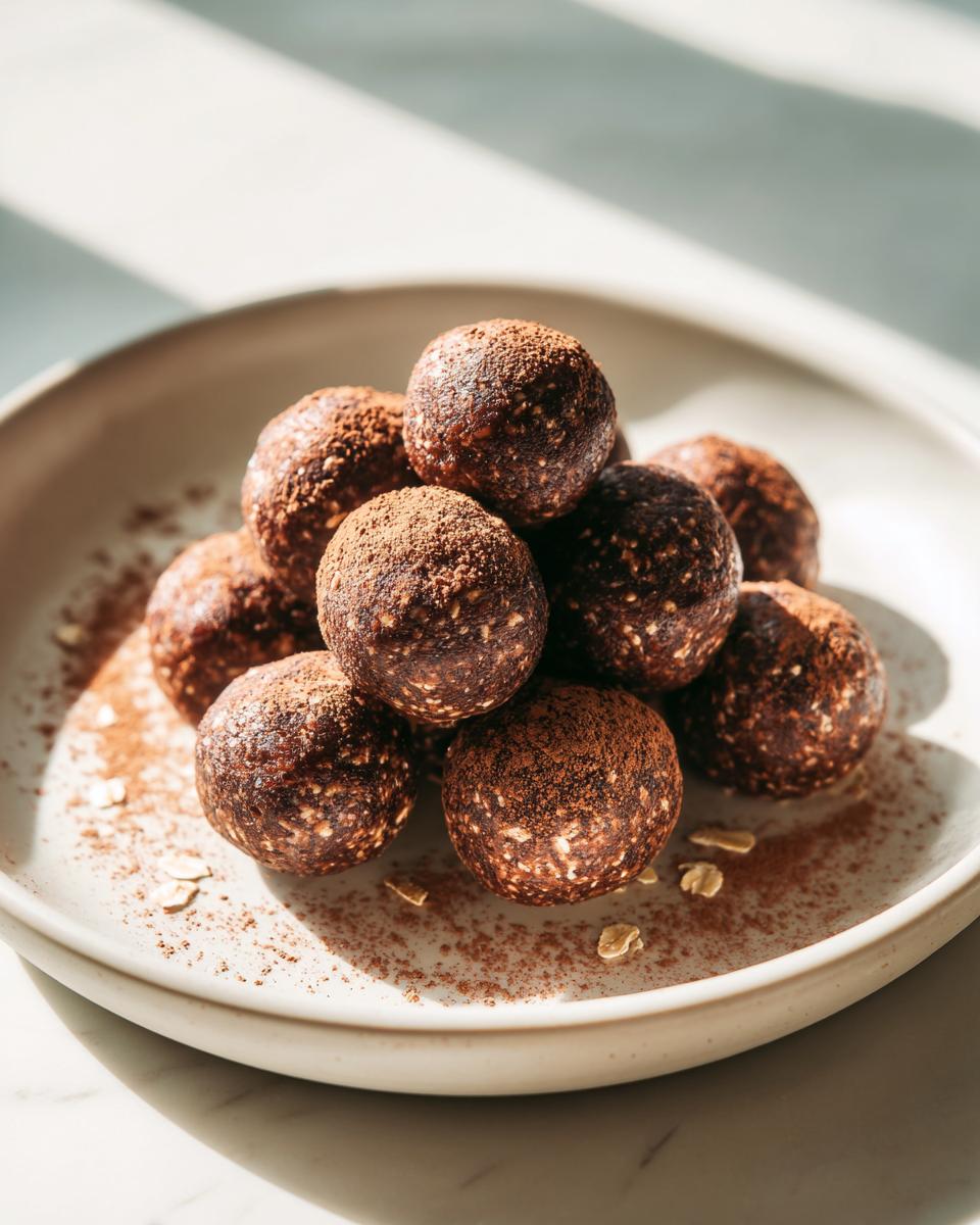 A stack of dark chocolate protein balls dusted heavily with cocoa powder, sitting on a light plate.