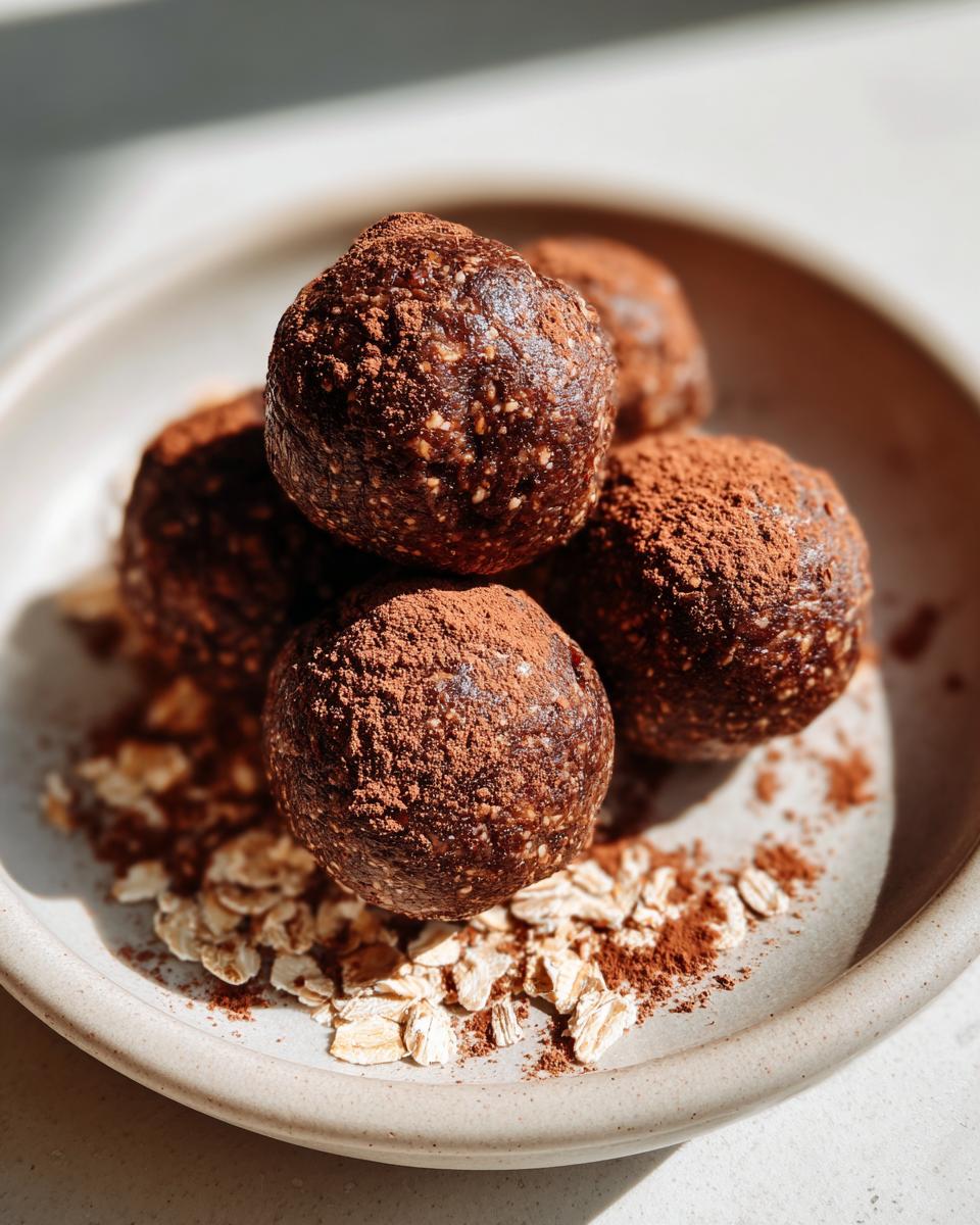 A stack of four dark chocolate protein balls dusted heavily with cocoa powder, resting on a bed of rolled oats.