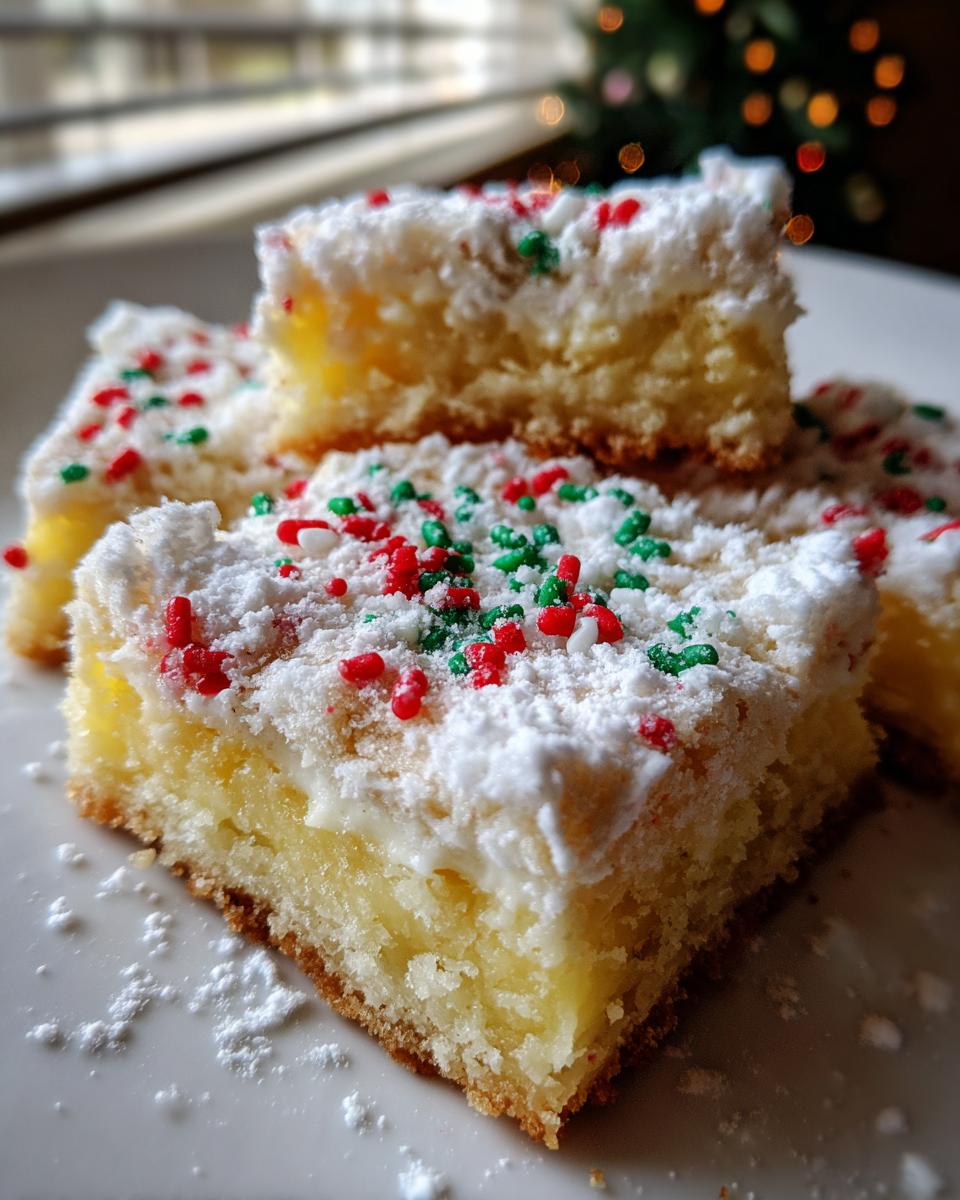 Close-up of several Christmas gooey butter cookies squares topped with powdered sugar and red/green sprinkles.