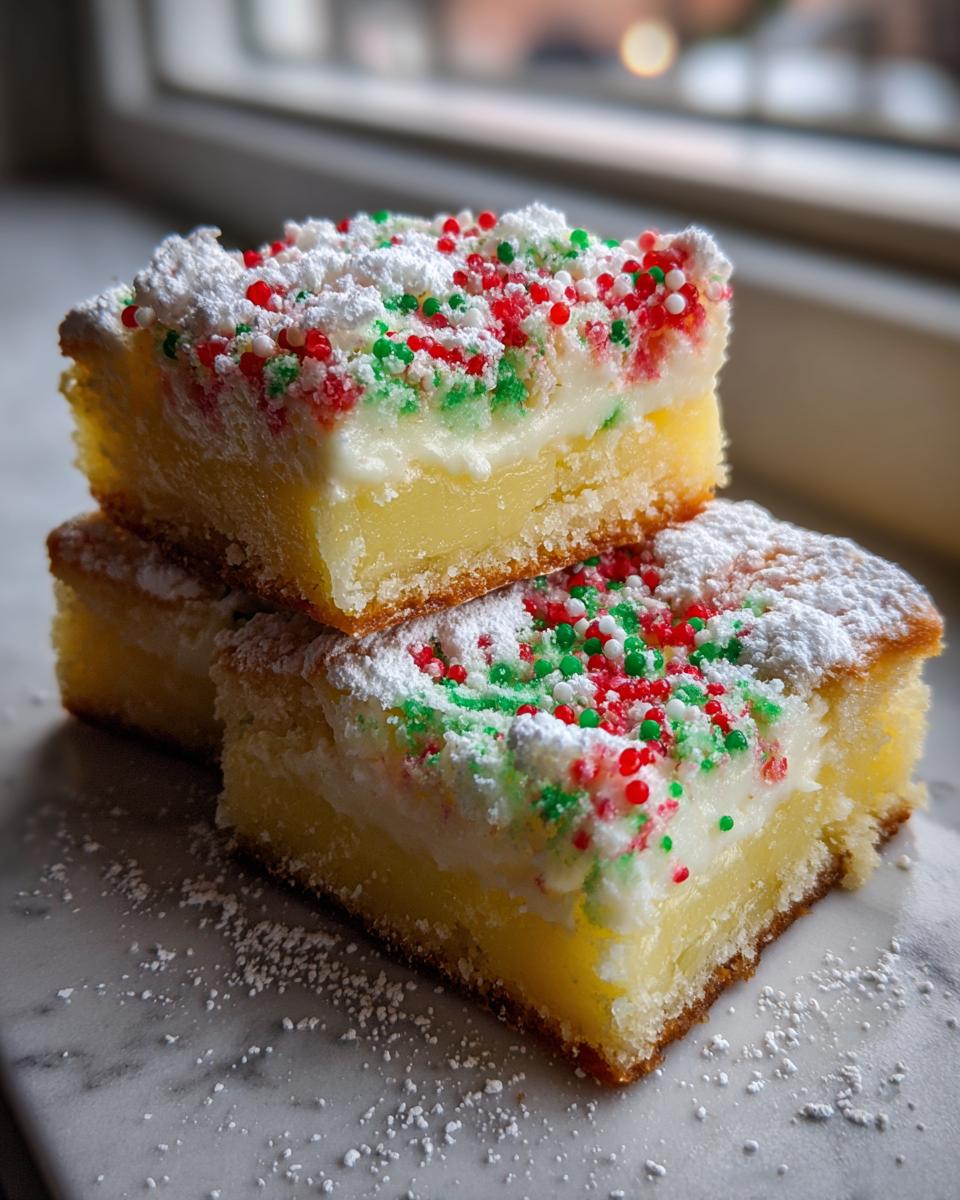 Three stacked squares of Christmas gooey butter cookies topped with powdered sugar and red and green sprinkles.