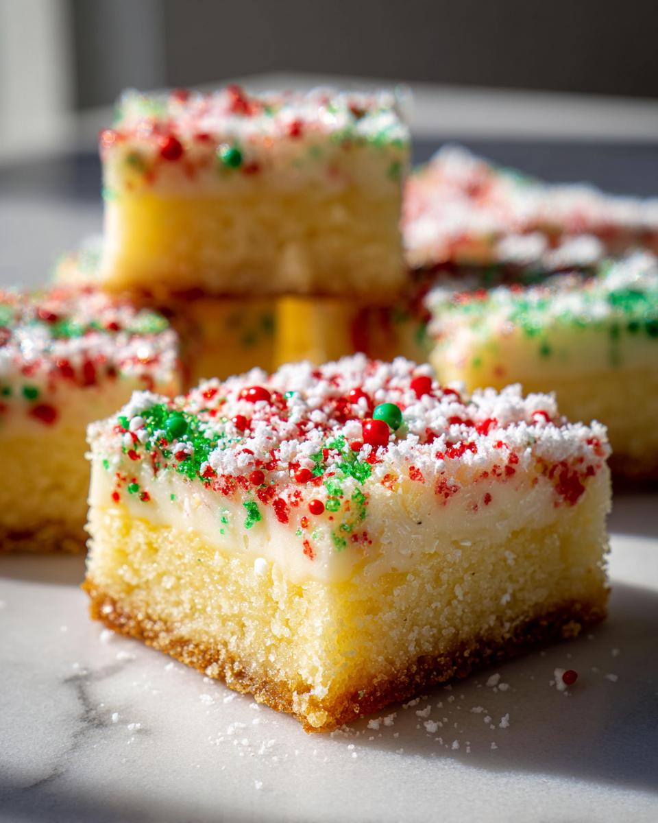 A close-up of one square of Christmas gooey butter cookies topped with white frosting and festive red and green sprinkles.