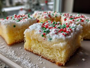 Four squares of Christmas gooey butter cookies topped with white frosting, powdered sugar, and red and green sprinkles.