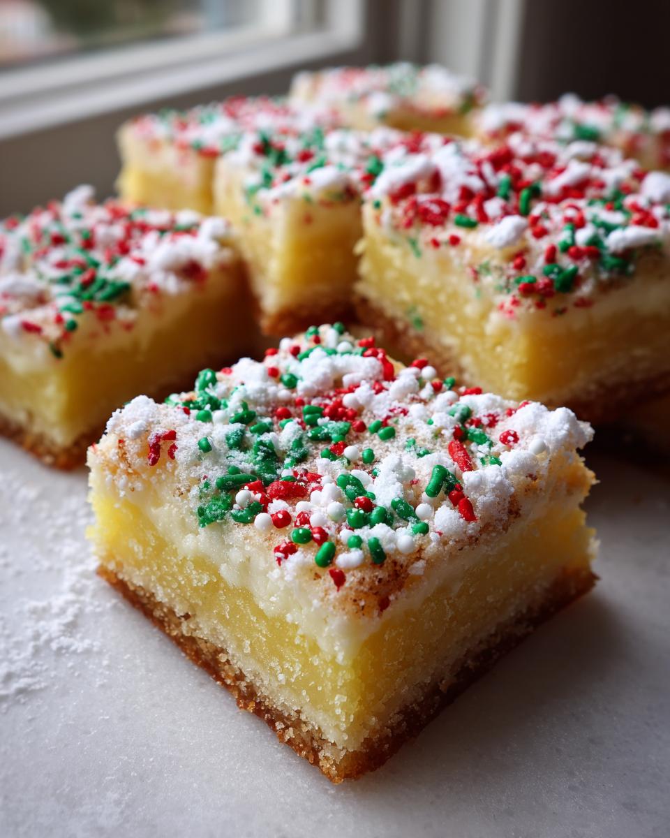 A close-up of a square Christmas gooey butter cookies bar topped with red, green, and white sprinkles.
