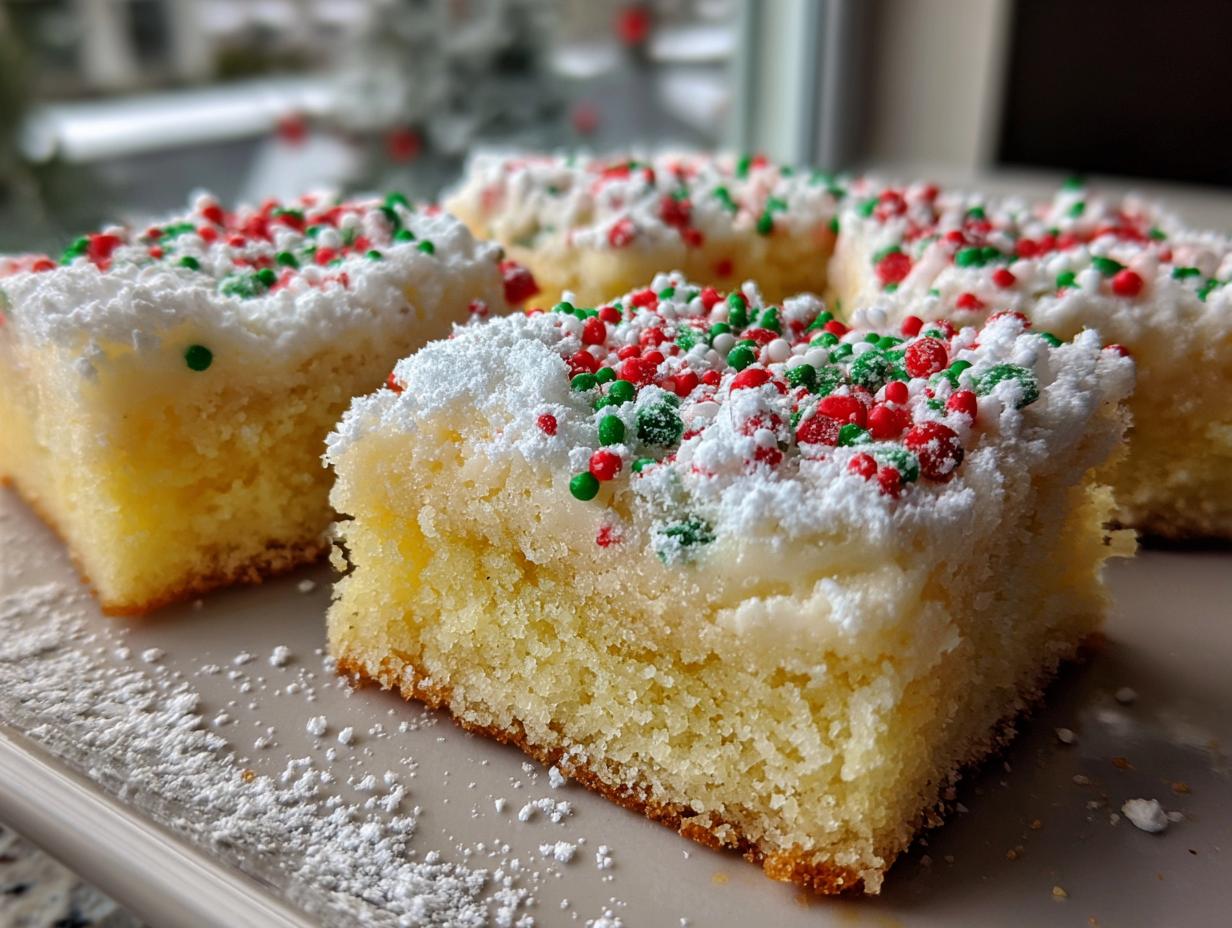 Four squares of Christmas gooey butter cookies topped with white frosting, powdered sugar, and red and green sprinkles.