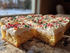 Several squares of thick Christmas sugar cookie bars topped with white frosting and colorful holiday sprinkles.