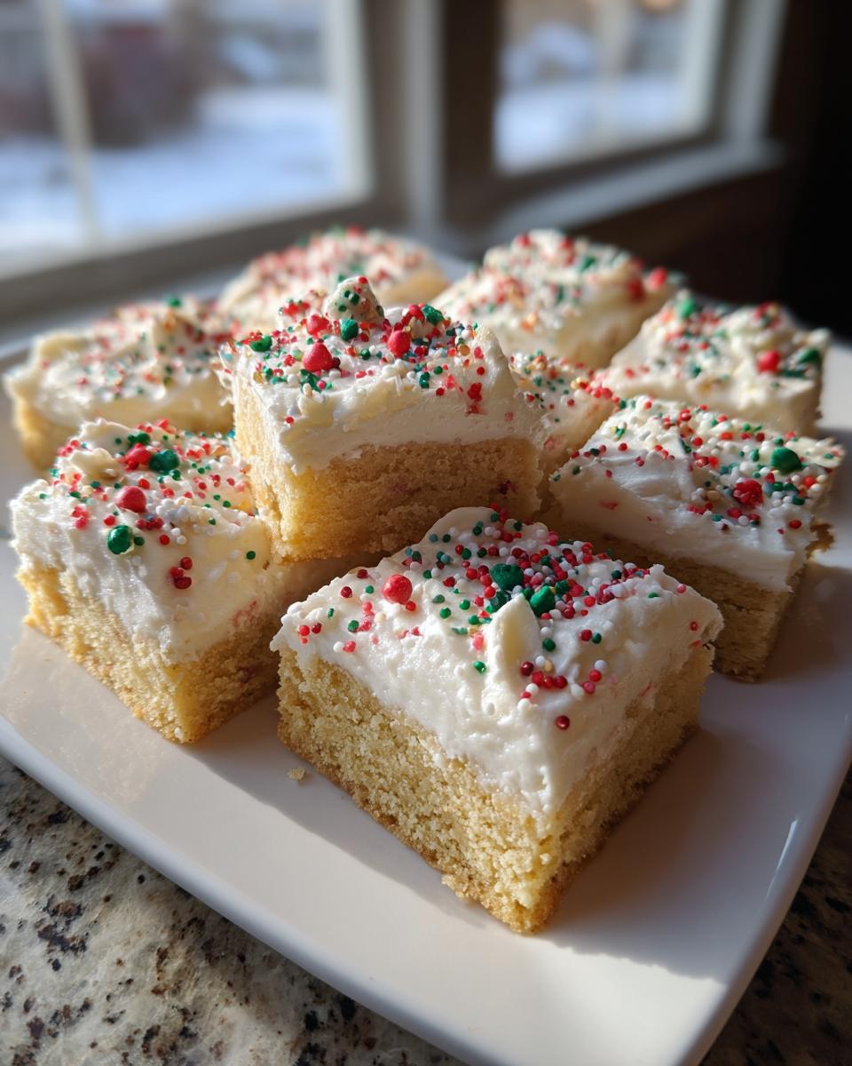 Several squares of thick Christmas sugar cookie bars topped with white frosting and red and green sprinkles.