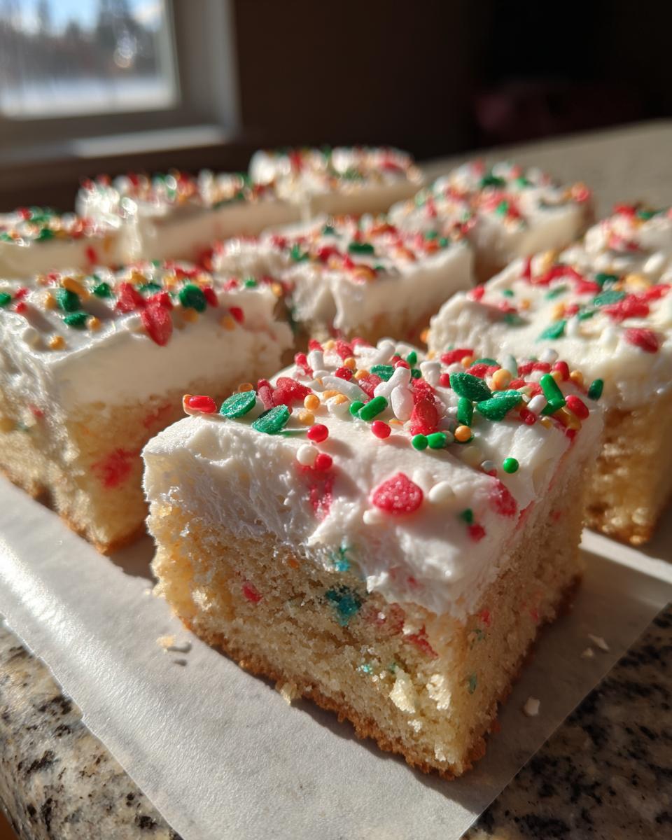 A square slice of Christmas sugar cookie bars topped with white frosting and festive red, green, and white sprinkles.