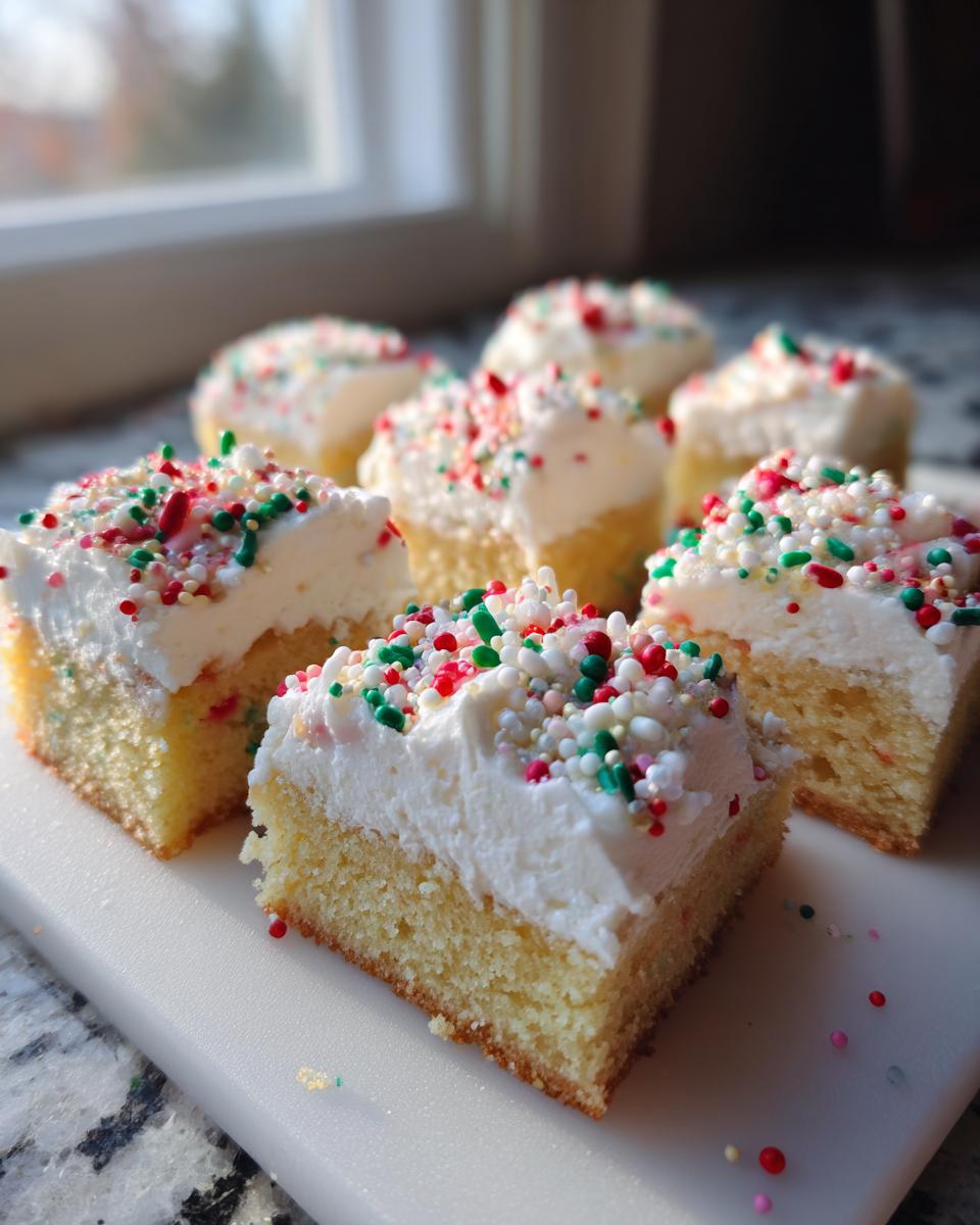 Several square pieces of Christmas sugar cookie bars topped with thick white frosting and festive red, green, and white sprinkles.