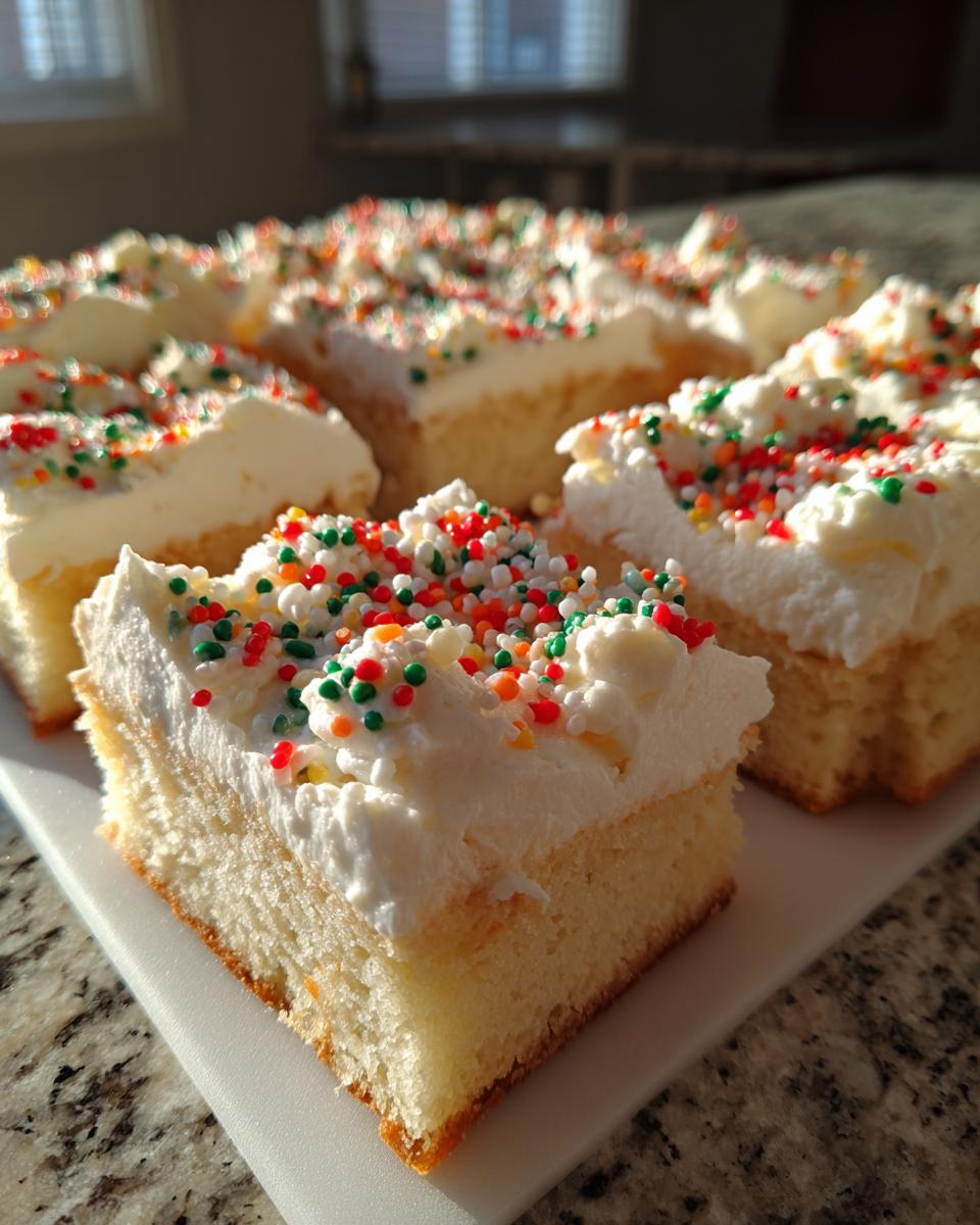 A close-up of several squares of Christmas sugar cookie bars topped with thick white frosting and colorful holiday sprinkles.