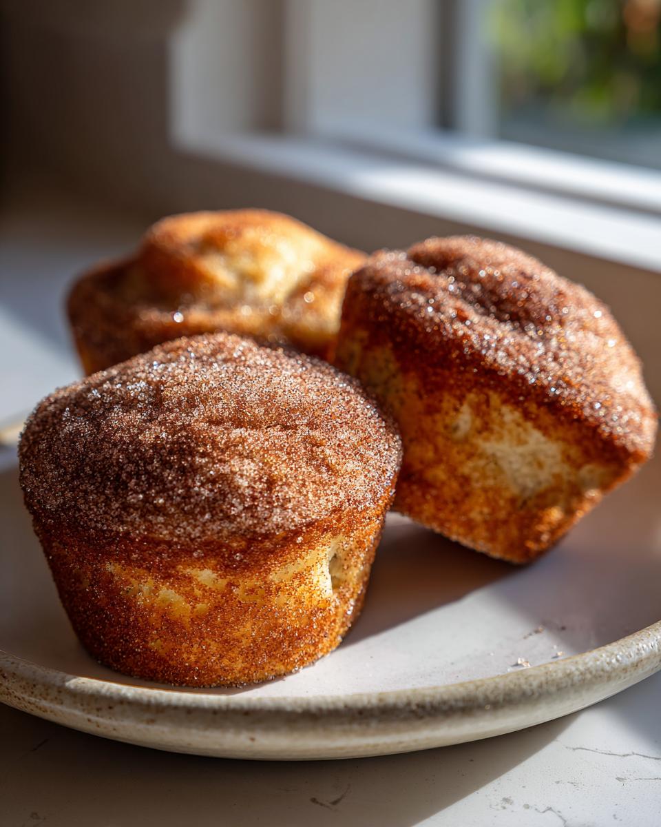 Close-up of three golden cinnamon sugar french toast muffins heavily coated in sparkling cinnamon sugar.