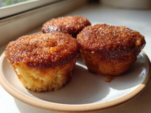Three golden brown cinnamon sugar french toast muffins with a glistening, caramelized top sitting on a light plate.