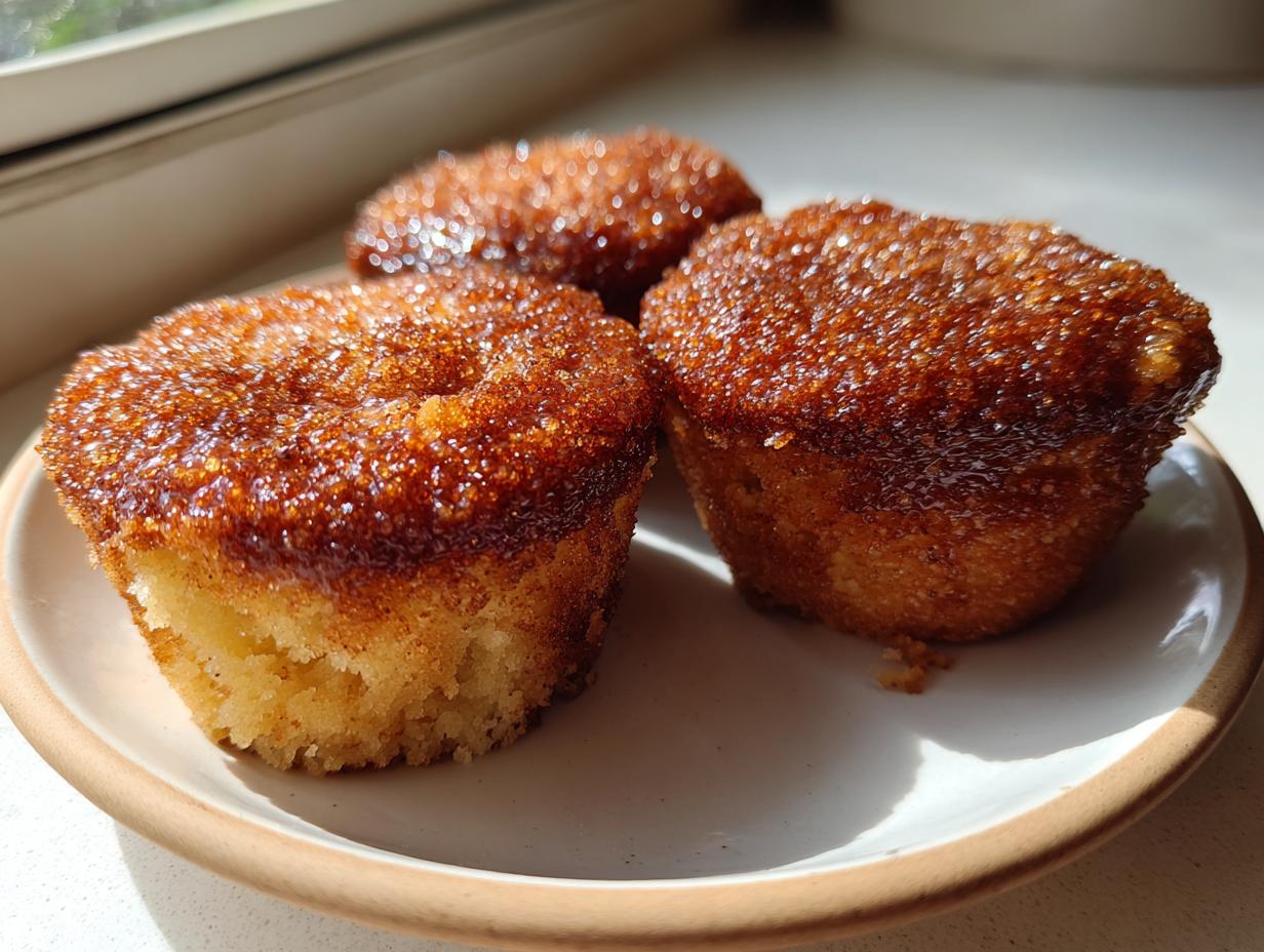 Three golden brown cinnamon sugar french toast muffins with a glistening, caramelized top sitting on a light plate.