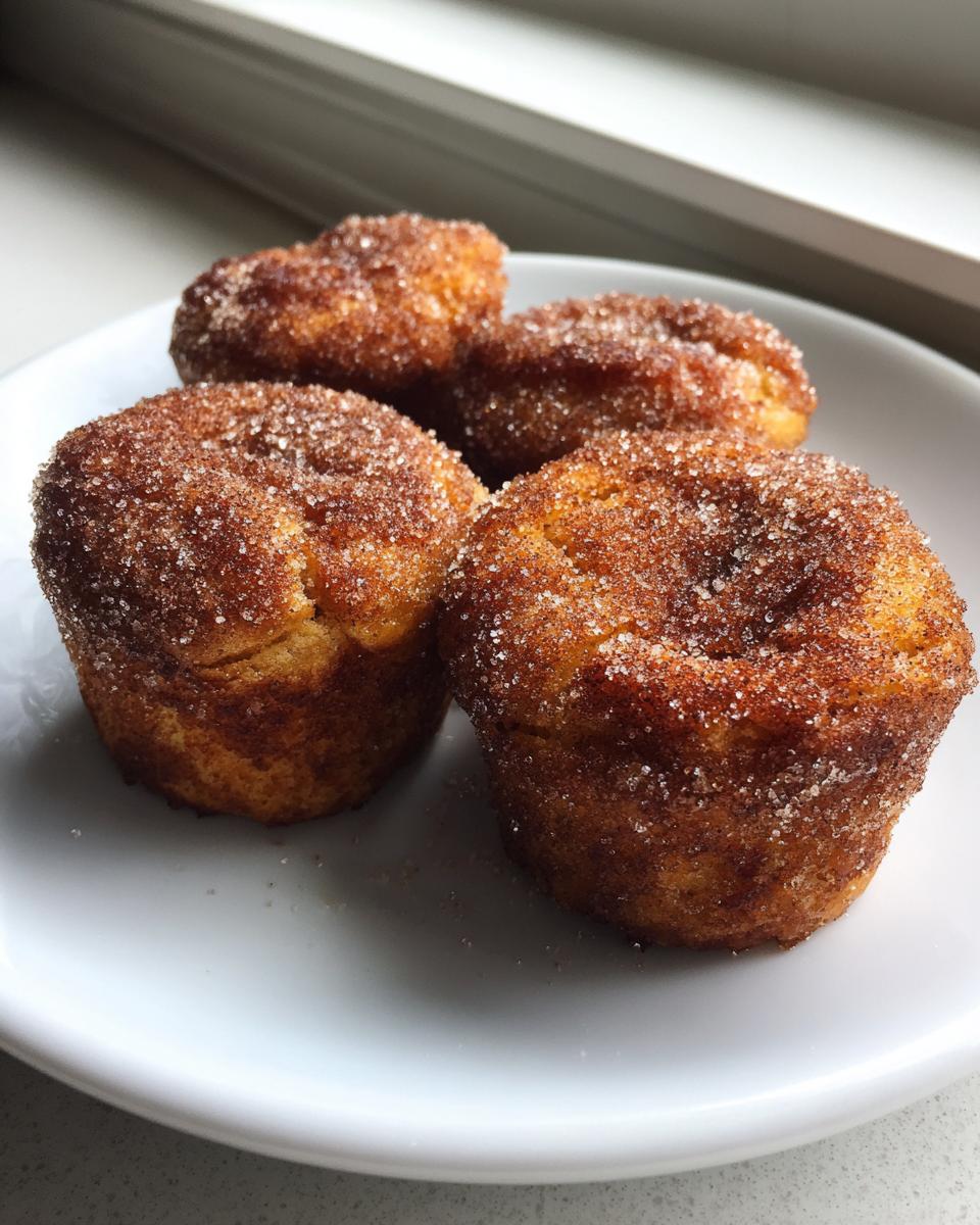 Four golden brown cinnamon sugar french toast muffins generously coated in sparkling cinnamon sugar, served on a white plate.