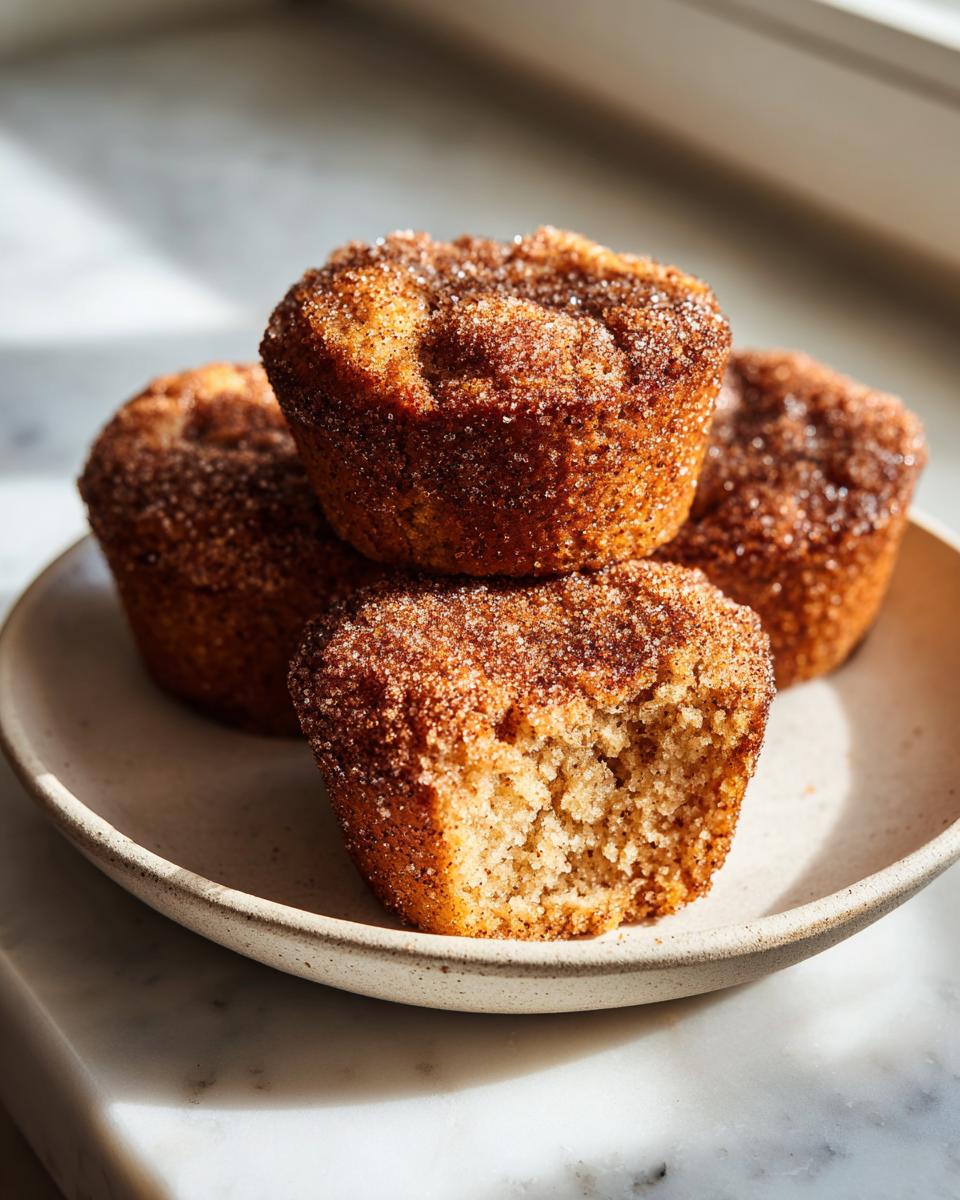 Four golden cinnamon sugar french toast muffins stacked on a small plate, one has a bite taken out.