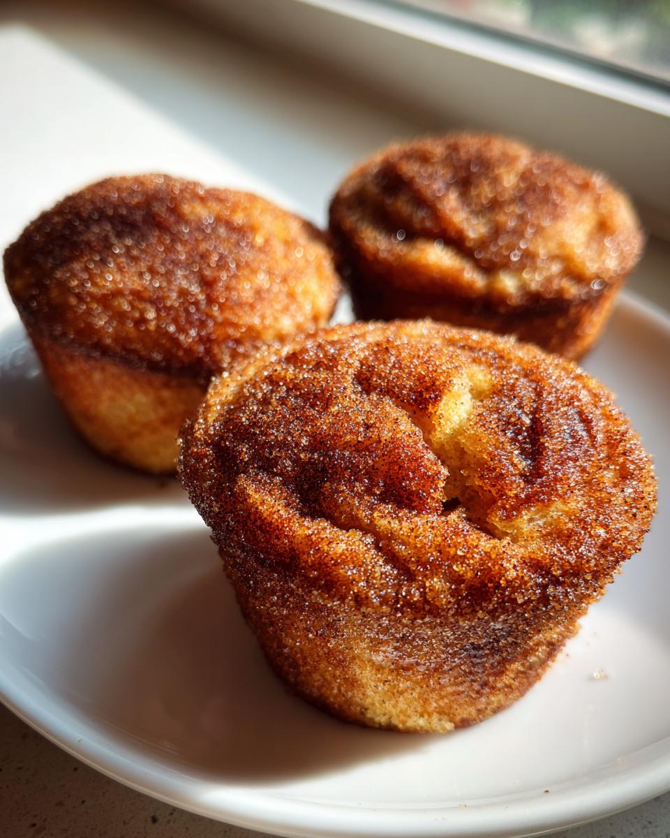 Three golden brown cinnamon sugar french toast muffins heavily coated in cinnamon sugar, sitting on a white plate.