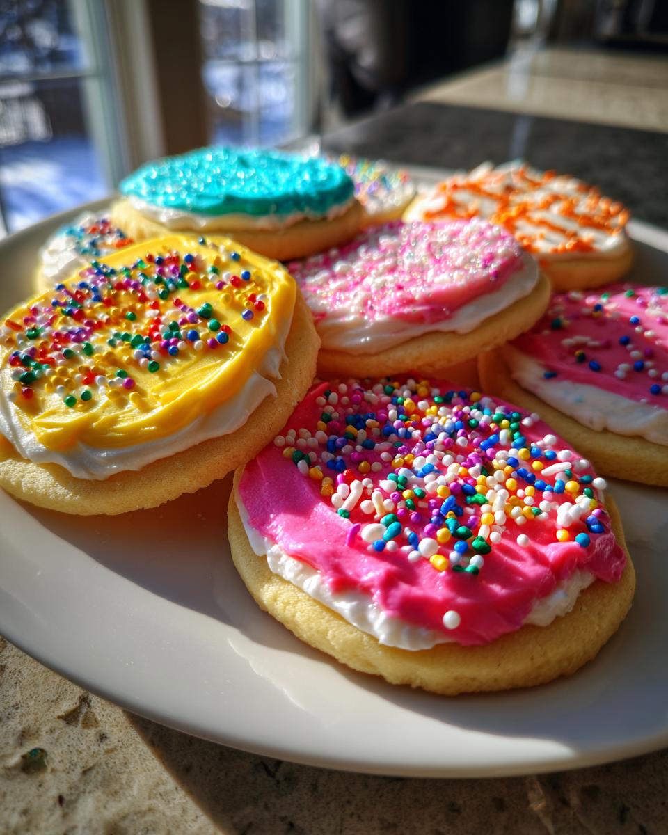 A plate of sugar cookies topped with vibrant, colorful sugar cookie icing and sprinkles, set near a window.