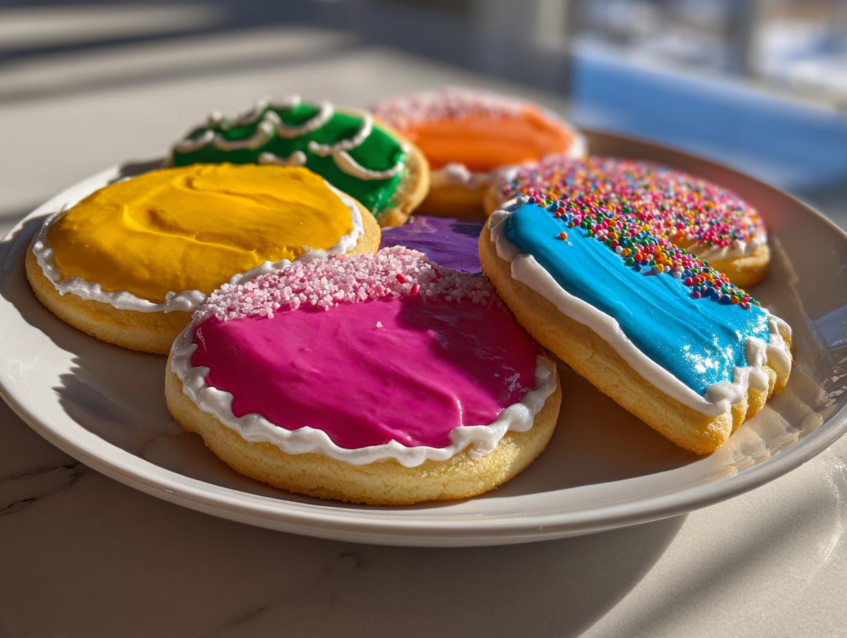 A plate of sugar cookies decorated with vibrant, hardened sugar cookie icing in pink, blue, yellow, and green.