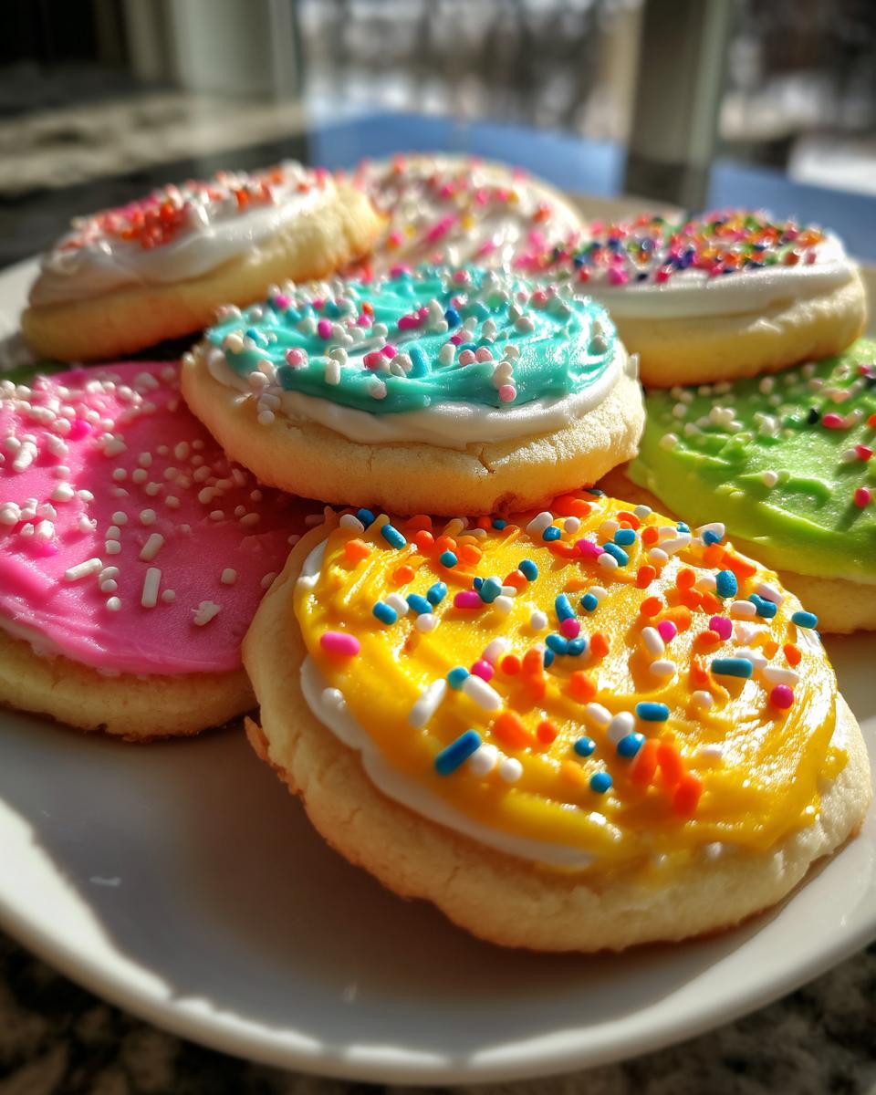 Close-up of sugar cookies topped with vibrant, hardened sugar cookie icing in yellow, pink, blue, and green, covered in sprinkles.