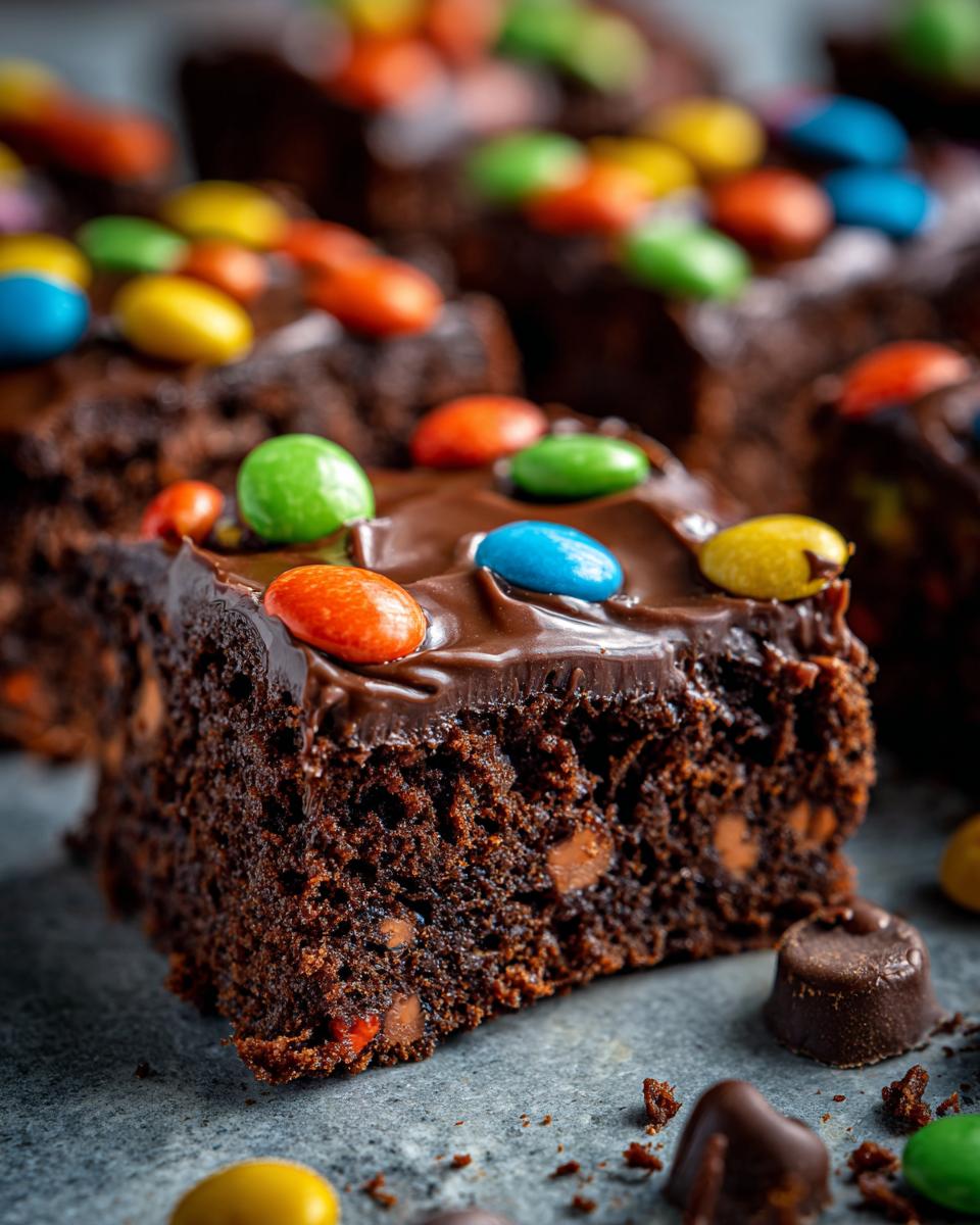 A close-up of a fudgy slice of cosmic brownies topped with melted chocolate frosting and colorful candy-coated chocolates.