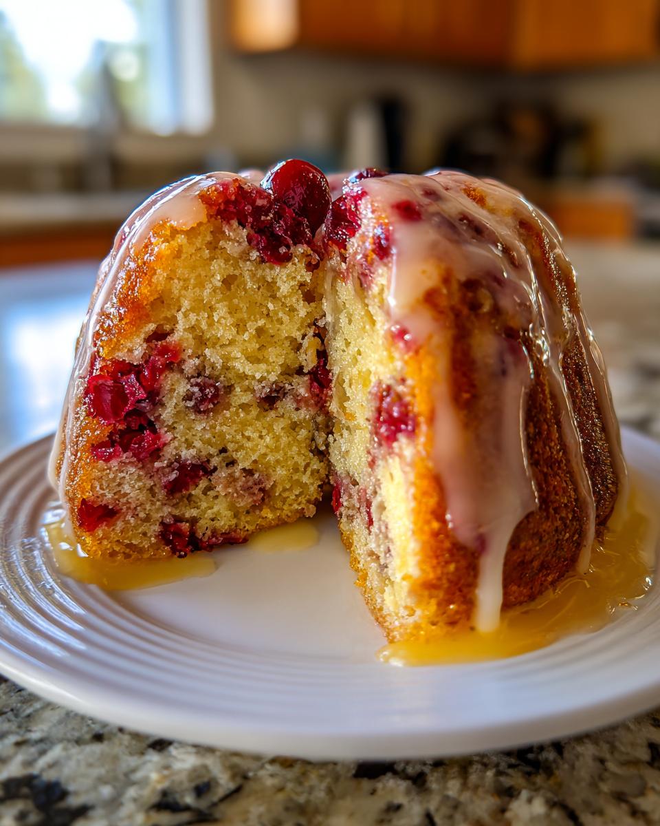 Close-up of a moist cranberry orange cake, cut to show the interior studded with berries, drizzled with orange glaze.