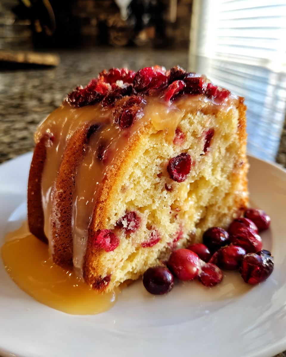 A moist slice of cranberry orange cake topped with a rich caramel glaze and dried cranberries.