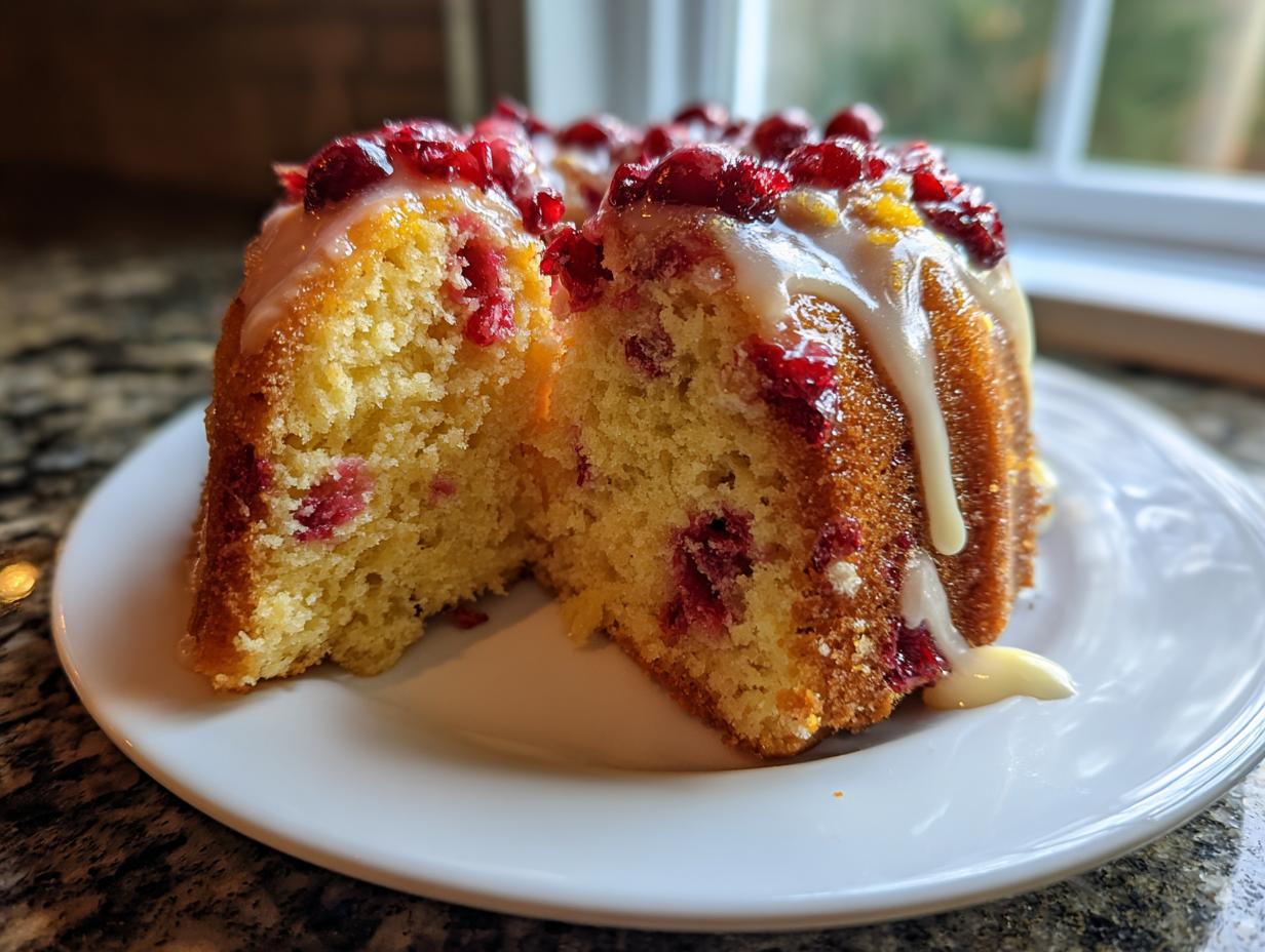 A slice of moist cranberry orange cake, drizzled with white glaze and topped with fresh cranberries.