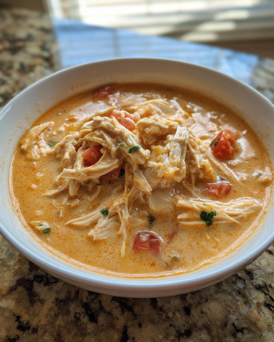 Close-up of a white bowl filled with creamy, orange-hued cream cheese chicken chili topped with shredded chicken and diced tomatoes.