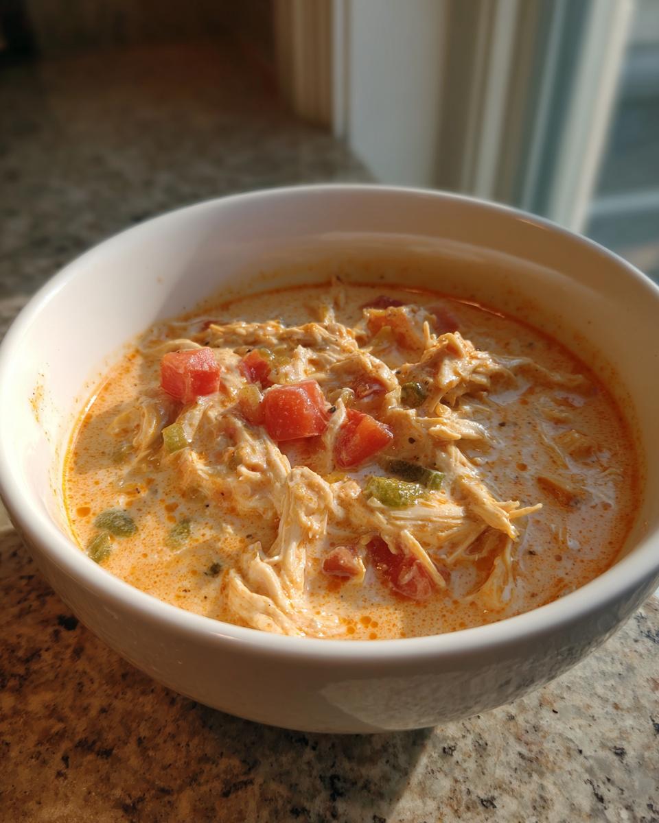Close-up of a white bowl filled with creamy, shredded cream cheese chicken chili topped with diced tomatoes and green peppers.