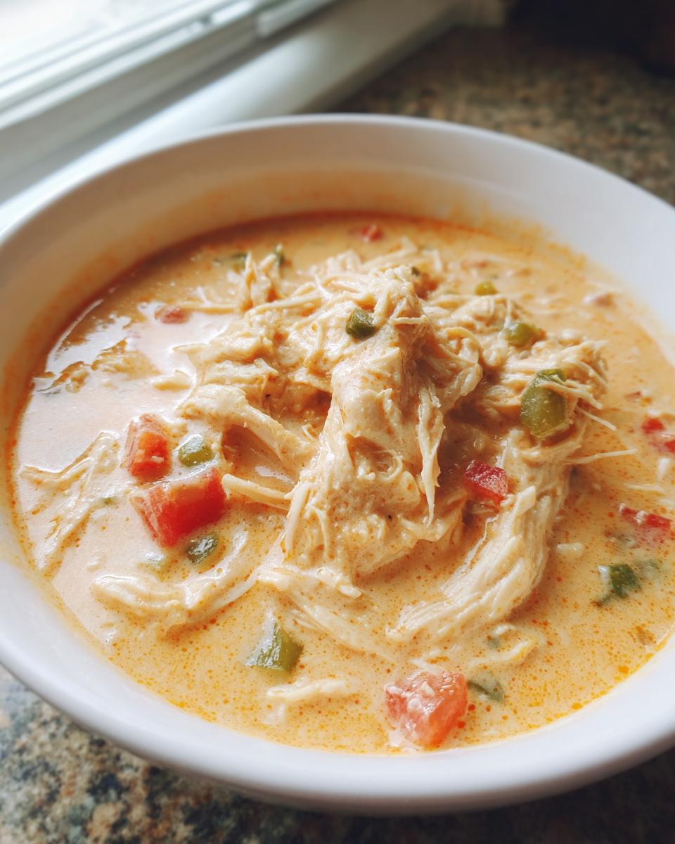Close-up of a white bowl filled with creamy, orange-hued cream cheese chicken chili topped with shredded chicken, diced tomatoes, and green peppers.