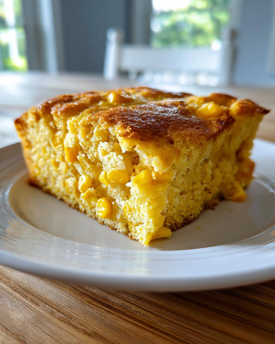A close-up of a moist, golden slice of cream cheese corn casserole served on a white plate.