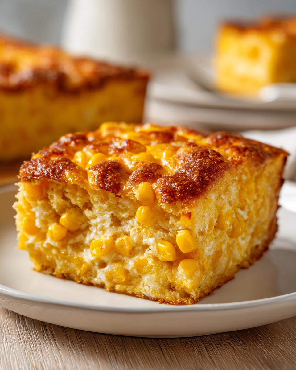 Close-up of a square slice of moist cream cheese corn casserole, studded with whole corn kernels and a golden-brown crust.