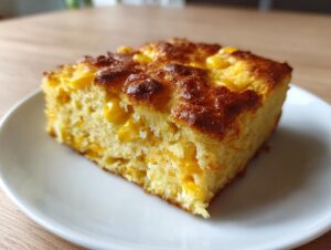 A close-up of a square slice of golden brown cream cheese corn casserole with visible corn kernels.