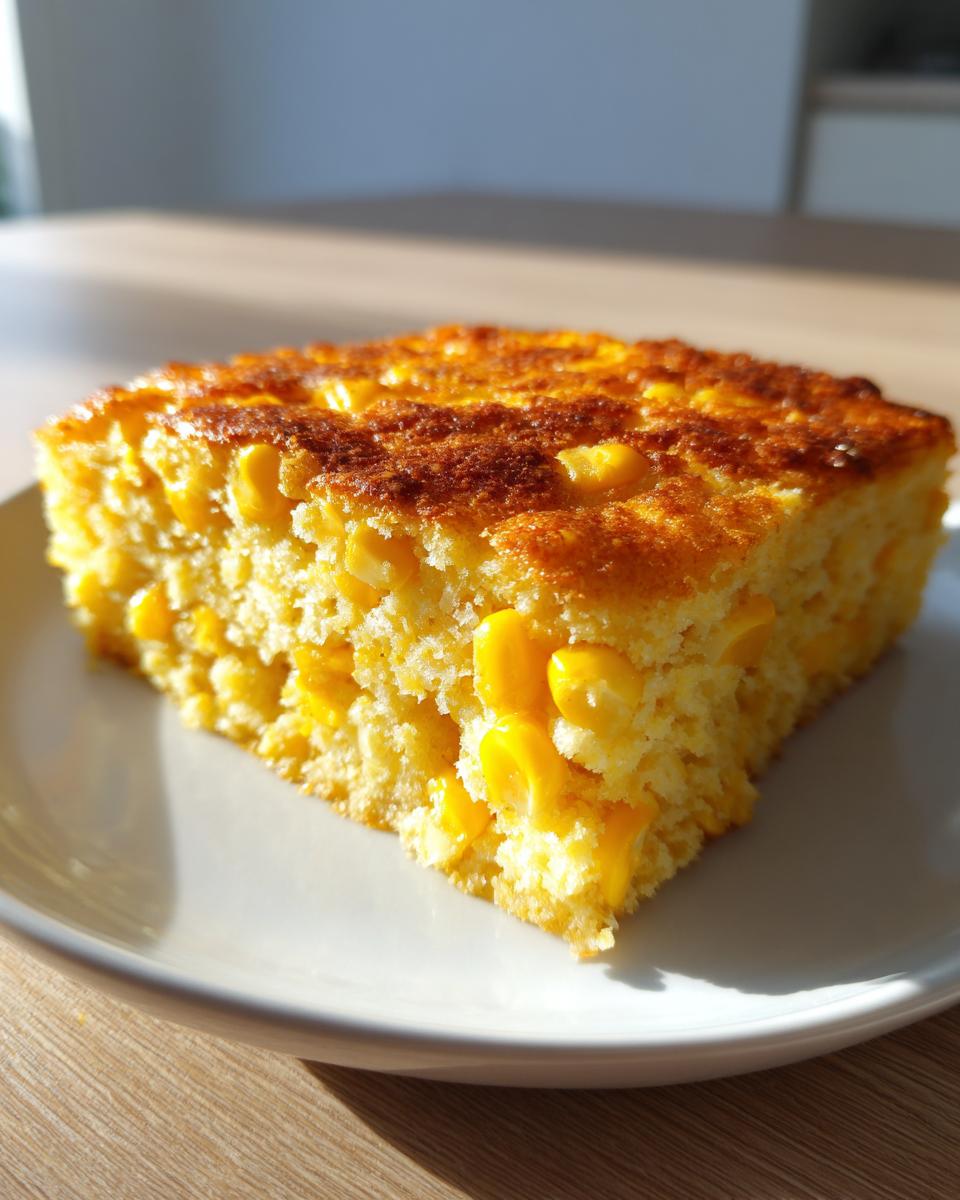 A square slice of golden cream cheese corn casserole, rich with whole corn kernels, on a white plate.