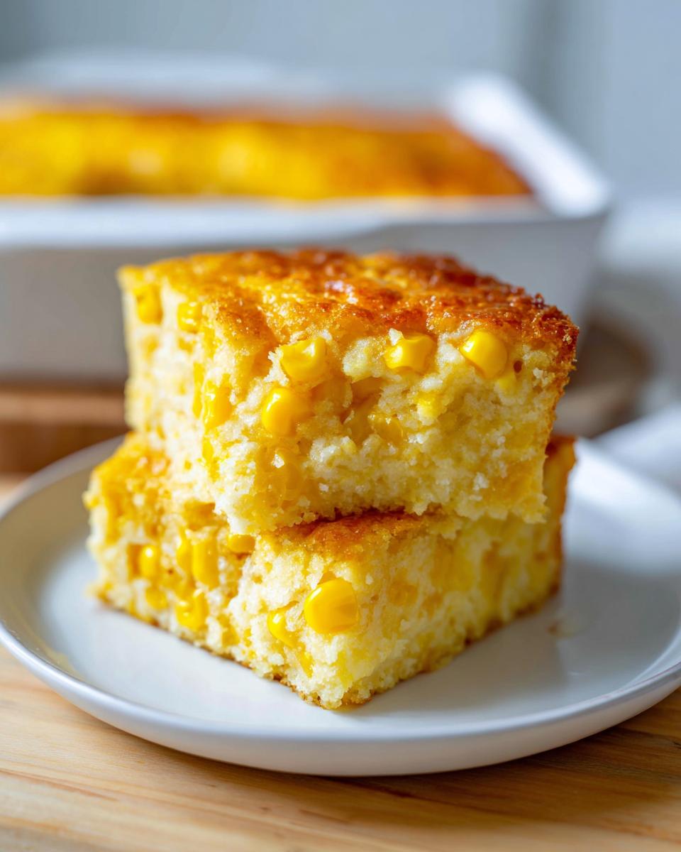 Two stacked squares of moist cream cheese corn casserole with visible whole corn kernels on a white plate.