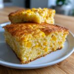 Close-up of two golden slices of moist cream cheese corn casserole loaded with sweet corn kernels.