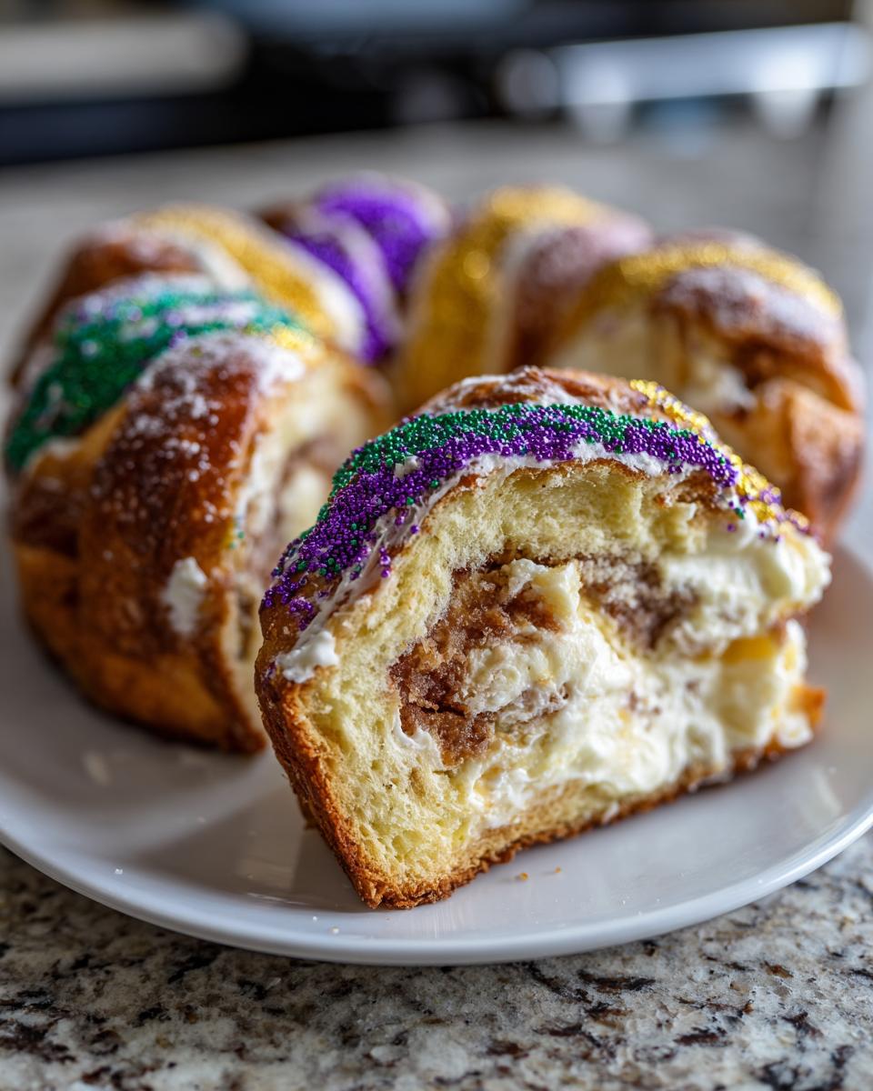 A slice of rich king cake filled with cream cheese and cinnamon, topped with purple, green, and gold sprinkles.