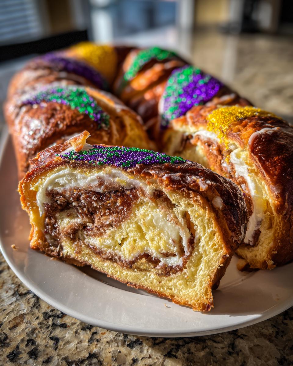 Close-up of a slice of rich, filled king cake showing cream cheese and cinnamon swirl, decorated with purple, green, and gold sprinkles.