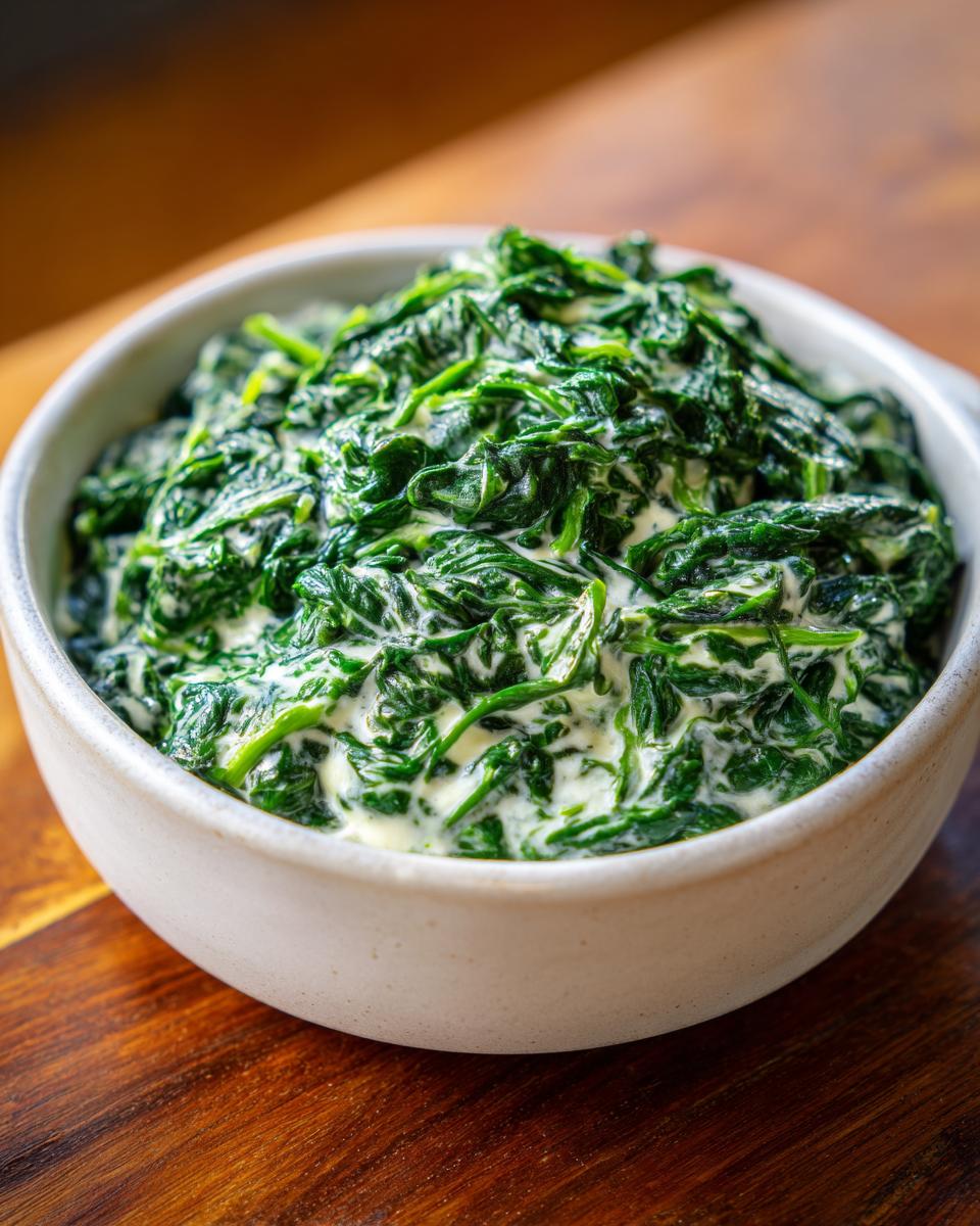 Close-up of a white bowl filled with rich, vibrant green creamed spinach recipe.