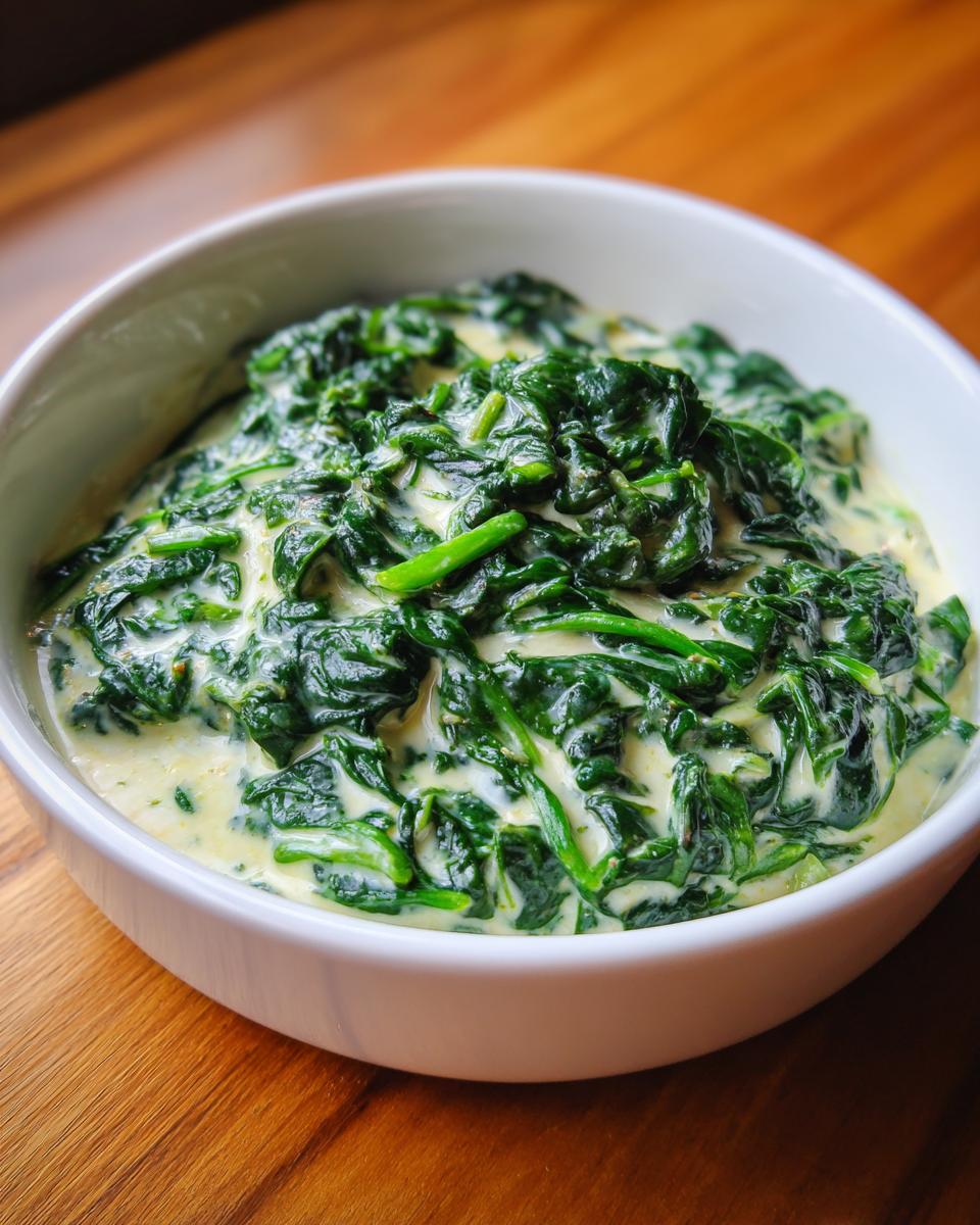 A close-up of a white bowl filled with rich, homemade creamed spinach recipe on a wooden table.