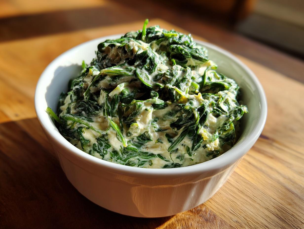 A close-up of rich, homemade creamed spinach recipe served warm in a white bowl on a wooden surface.