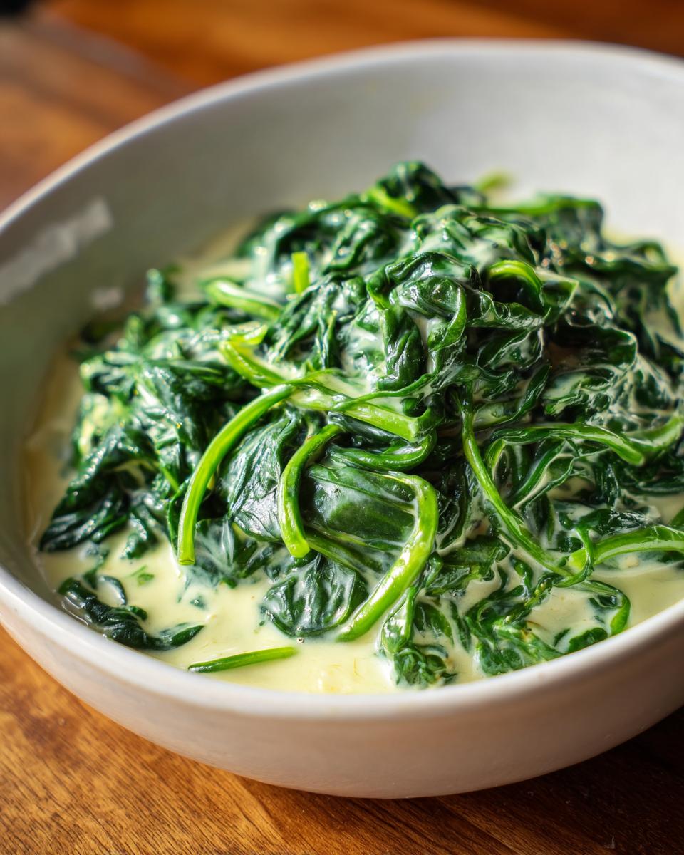 A close-up shot of vibrant green spinach coated in a rich, creamy sauce, showcasing the delicious creamed spinach recipe.
