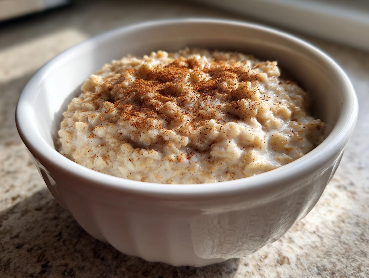 Close-up of creamy banana oatmeal in a white bowl, generously sprinkled with cinnamon.
