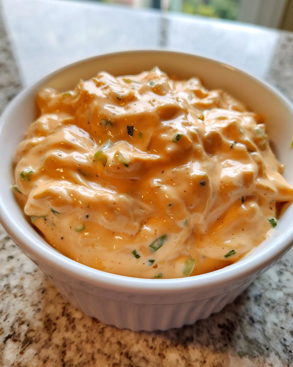 Close-up of thick, creamy, orange-tinted big mac sauce mixed with finely chopped green relish in a white ramekin.