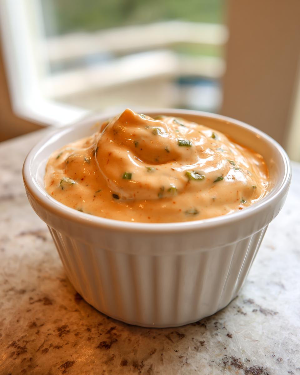 Close-up of creamy, orange-tinted big mac sauce with visible green herbs in a small white ramekin.